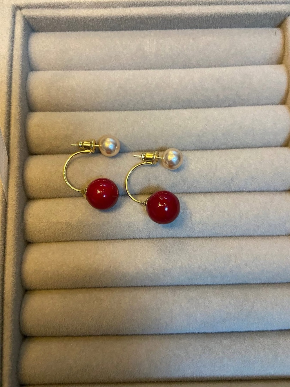 Gold Hoop Drop Earrings with Red Beads and Pearl Studs